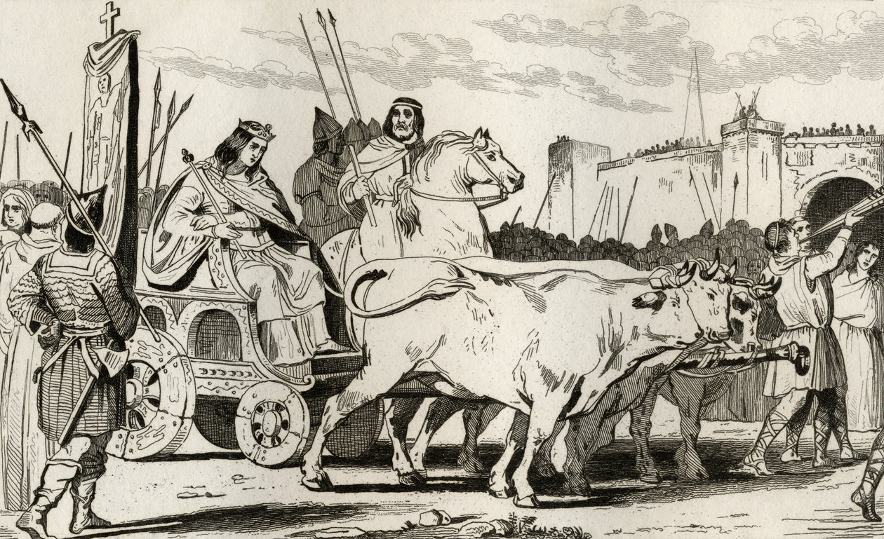 Clovis III (682-95) i en vogn trukket af okser, med Pepin II af Herstal (ca. 714) Ridende ved siden af ham, fra 