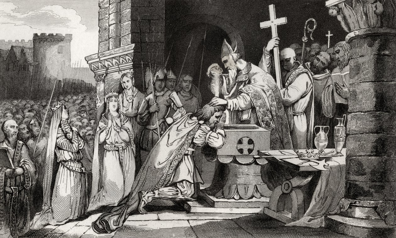 Clovis I (465-511) døbt med mænd fra sin hær før slaget ved Tolbiac, fra "Histoire de France" af Colart, udgivet omkring 1840 af French School