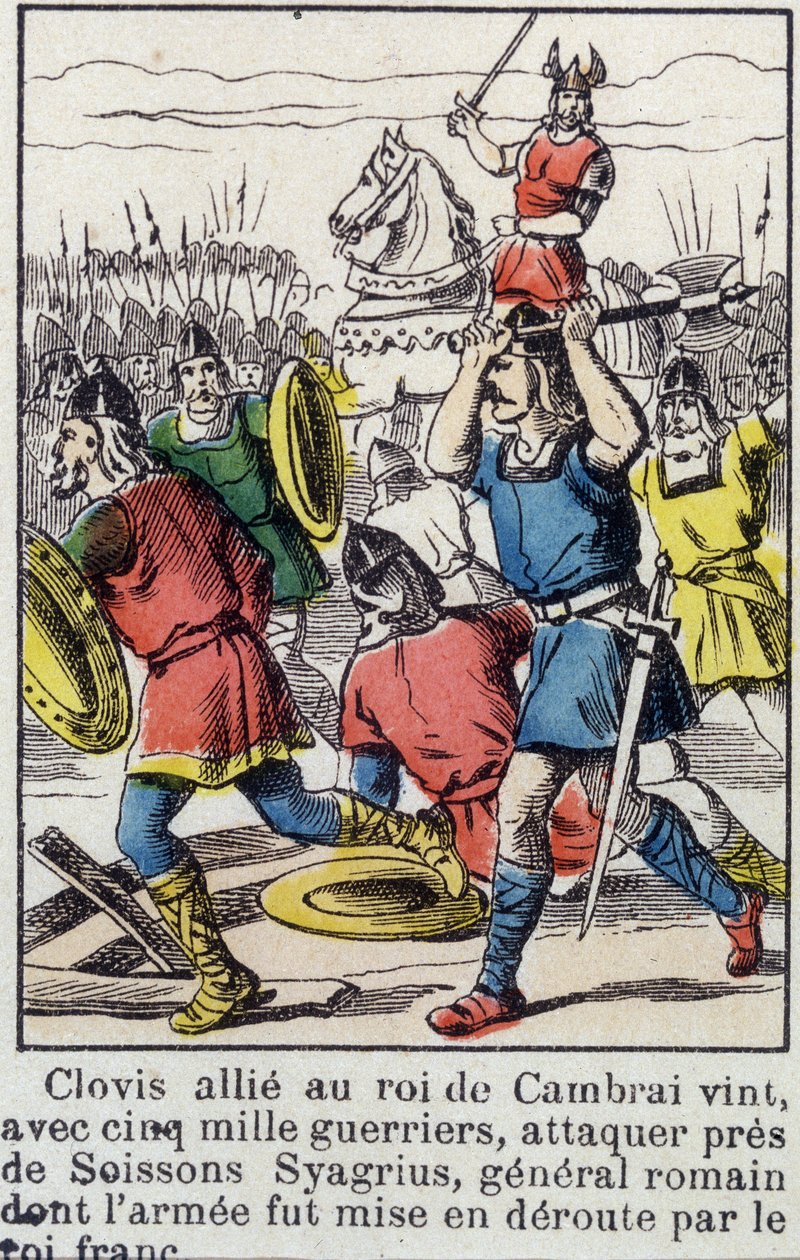 Clovis, allieret med kongen af Cambrai, kom, med 5000 krigere, for at angribe nær Soissons Syagrius, den romerske general, hvis hær blev besejret af den frankiske konge. af French School