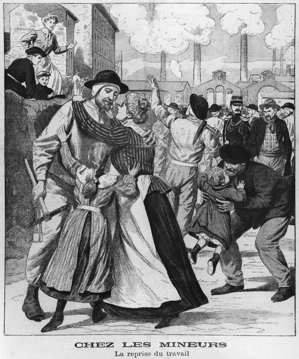 Kulminearbejdere går tilbage til arbejdet, illustration fra Le Petit Journal, begyndelsen af det 20. århundrede af French School