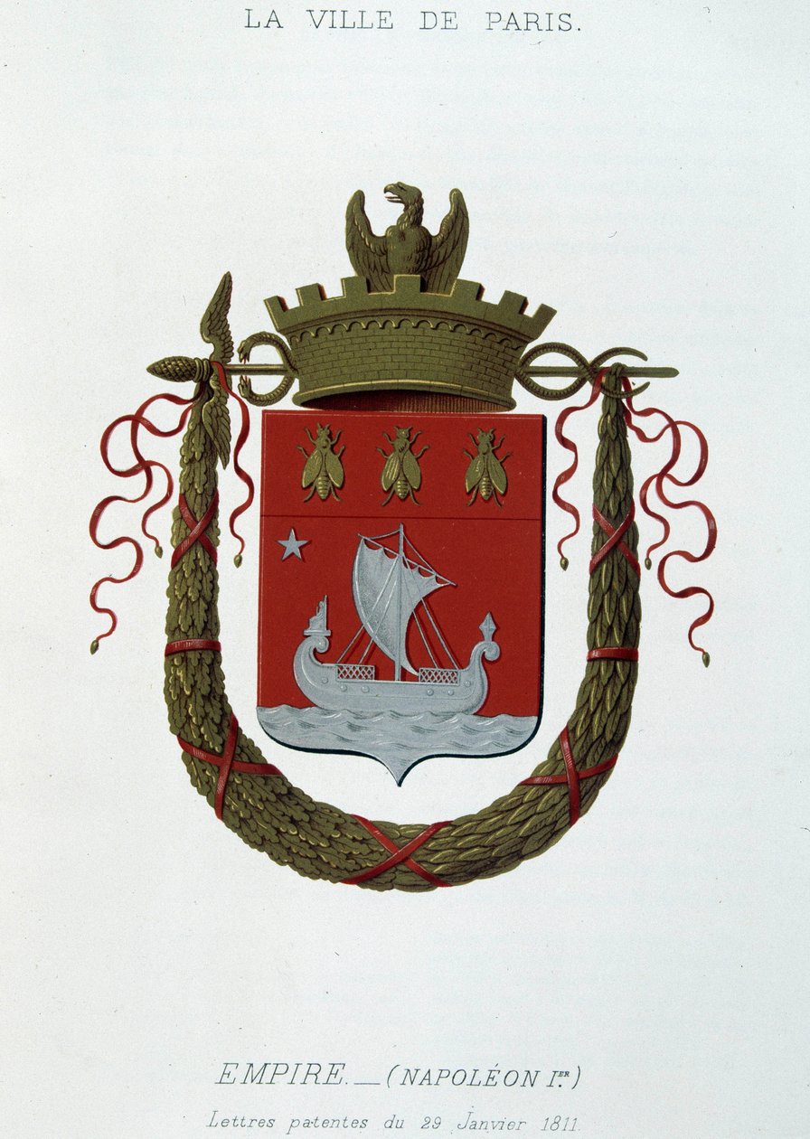 Byens våbenskjold: Empire (Napoleon I) - Brevpatent dateret 29. januar 1811 - i "" Armorial National de France"", af H. Traversier, Paris af French School