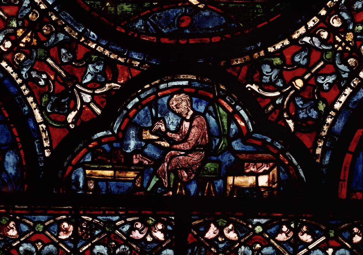 Skomager, detalje fra et vindue, der forestiller Jomfruens Død af French School