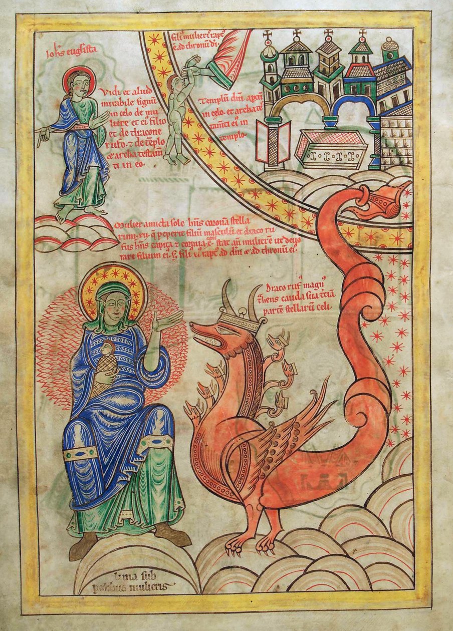 Torsk. Gulf. 1 Gud. lat. (14v), Den Skarlagenrøde Kvinde, Vederstyggelsens Moder møder Apokalypsens Udyr, fra Liber Floridus af Lambert de Saint-Omer ca. 1120 af French School