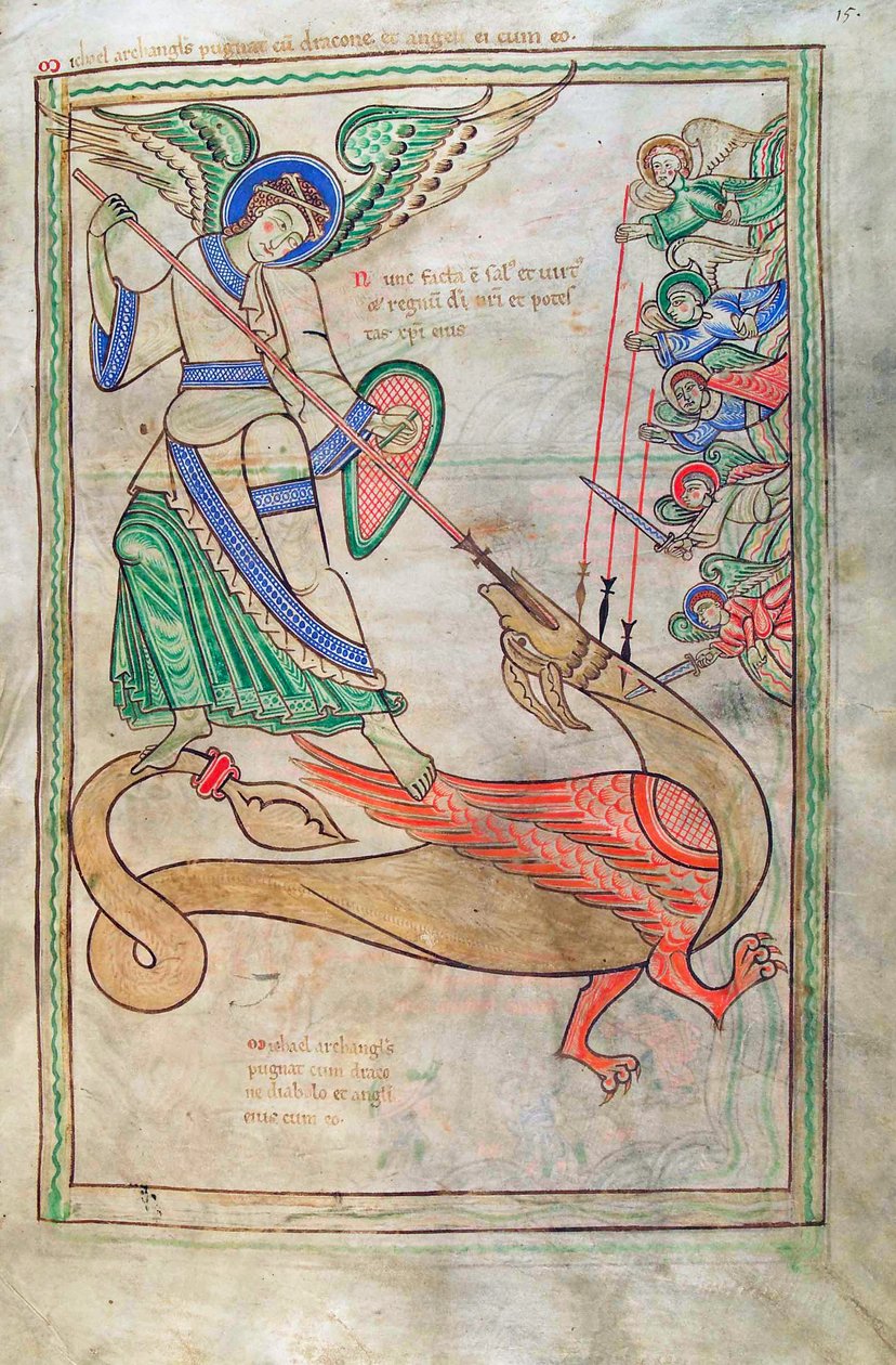 Torsk. Gulf. 1 Gud. lat. 15r, Saint Michael Fighting the Dragon, fra Liber Floridus af Lambert de Saint-Omer c.1120 af French School