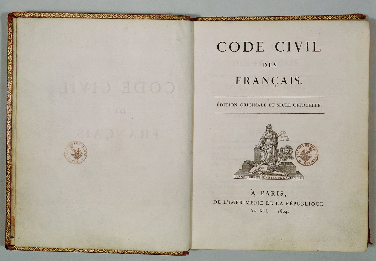 Code Civil, åben på titelbladet, 1804 af French School