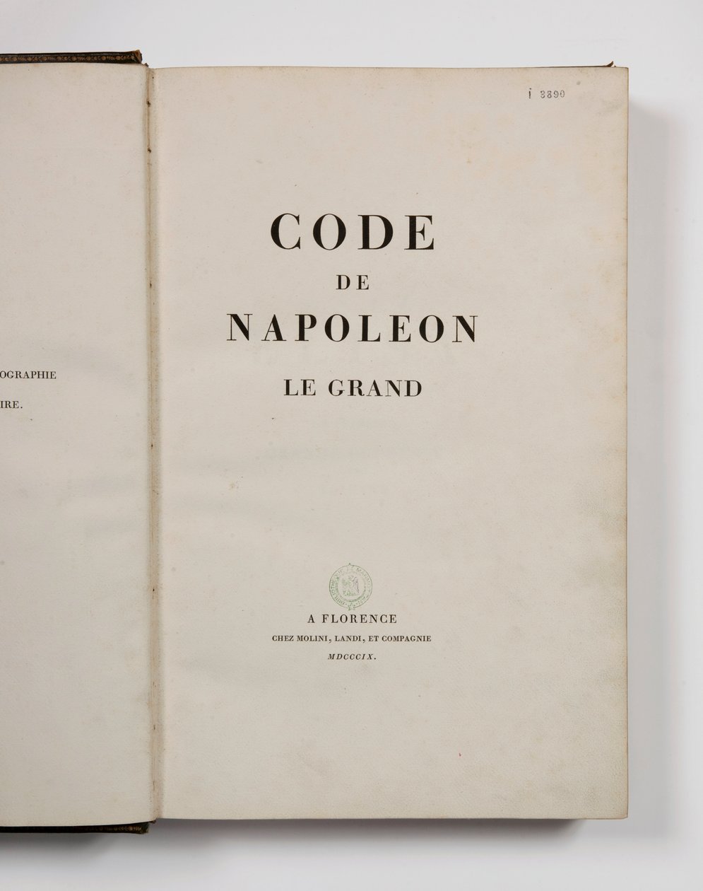 Kode for Napoleon den Store, åben på titelbladet, udgivet Firenze, Molini, Landi et Cie, 1809 af French School