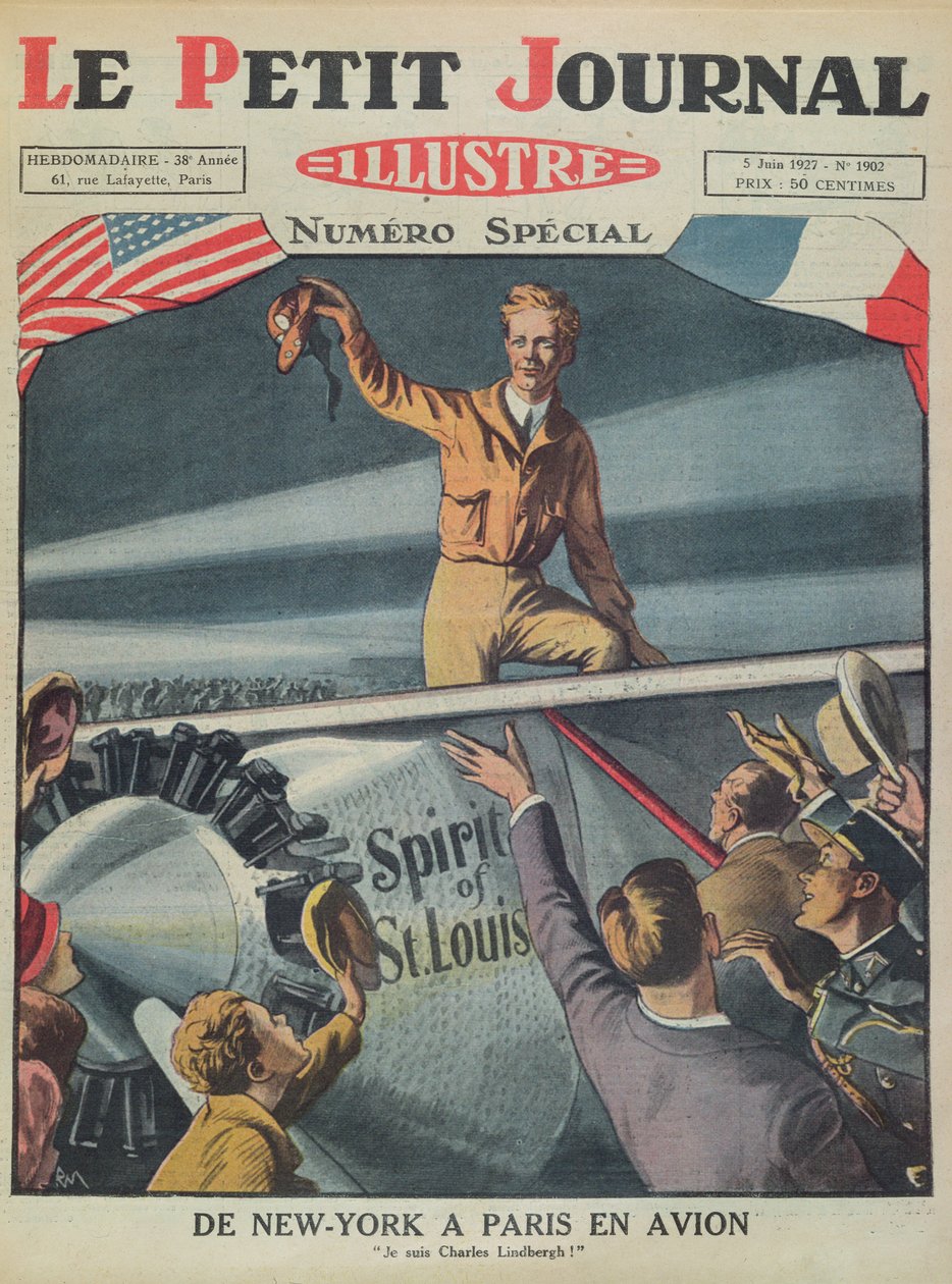 Oberst Charles Lindbergh (1902-74) ved sin ankomst til Le Bourget Lufthavn efter den første transatlantiske flyvning fra New York til Paris den 21. maj 1927, forside af Le Petit Journal, 5. juni 1927 (kol. af French School