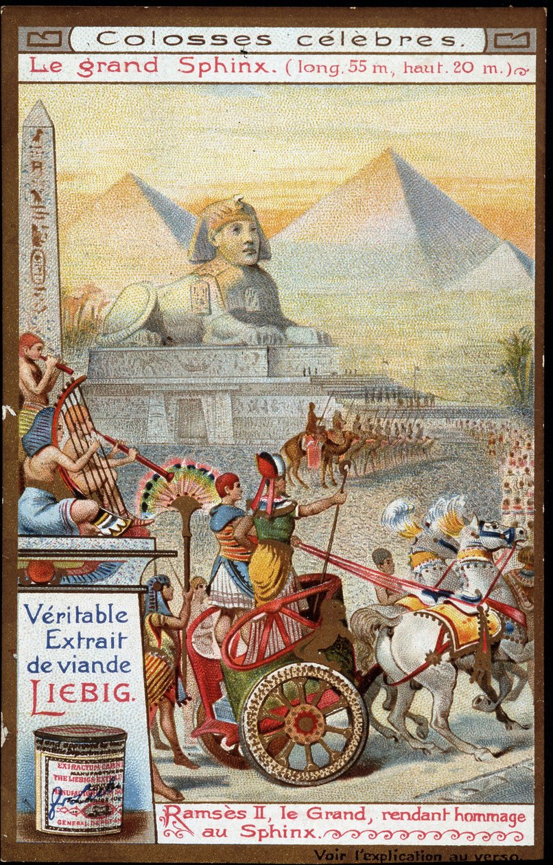 Berømt kolos: Den Store Sfinx (lang 55 m, høj 20 m): Ramses II, den Store, hylder sfinksen - Liebig Chromolithography af French School