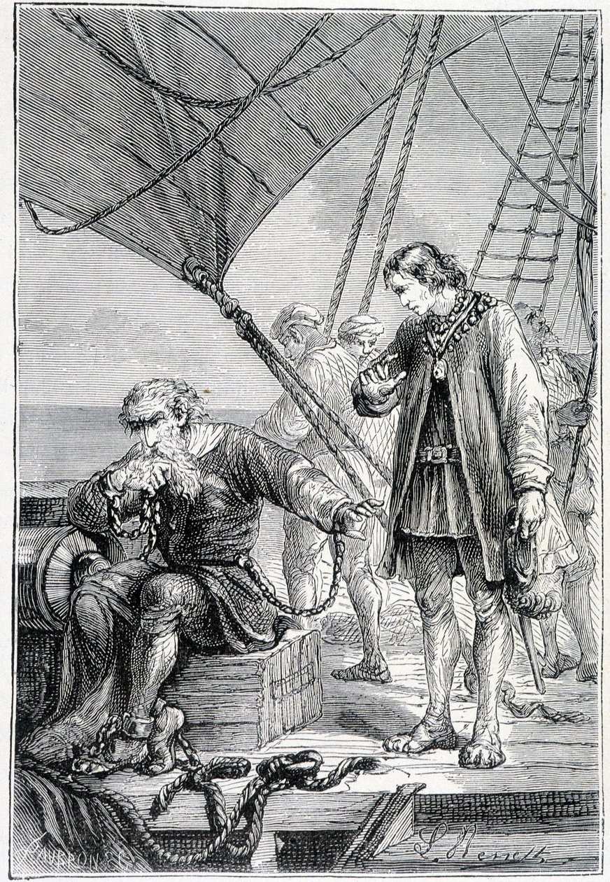 Columbus bundet som skurk (på skibsdæk), ill. "" Discovery de la Terre "" af Jules Verne, red. Hetzel, n.d. 19. af French School