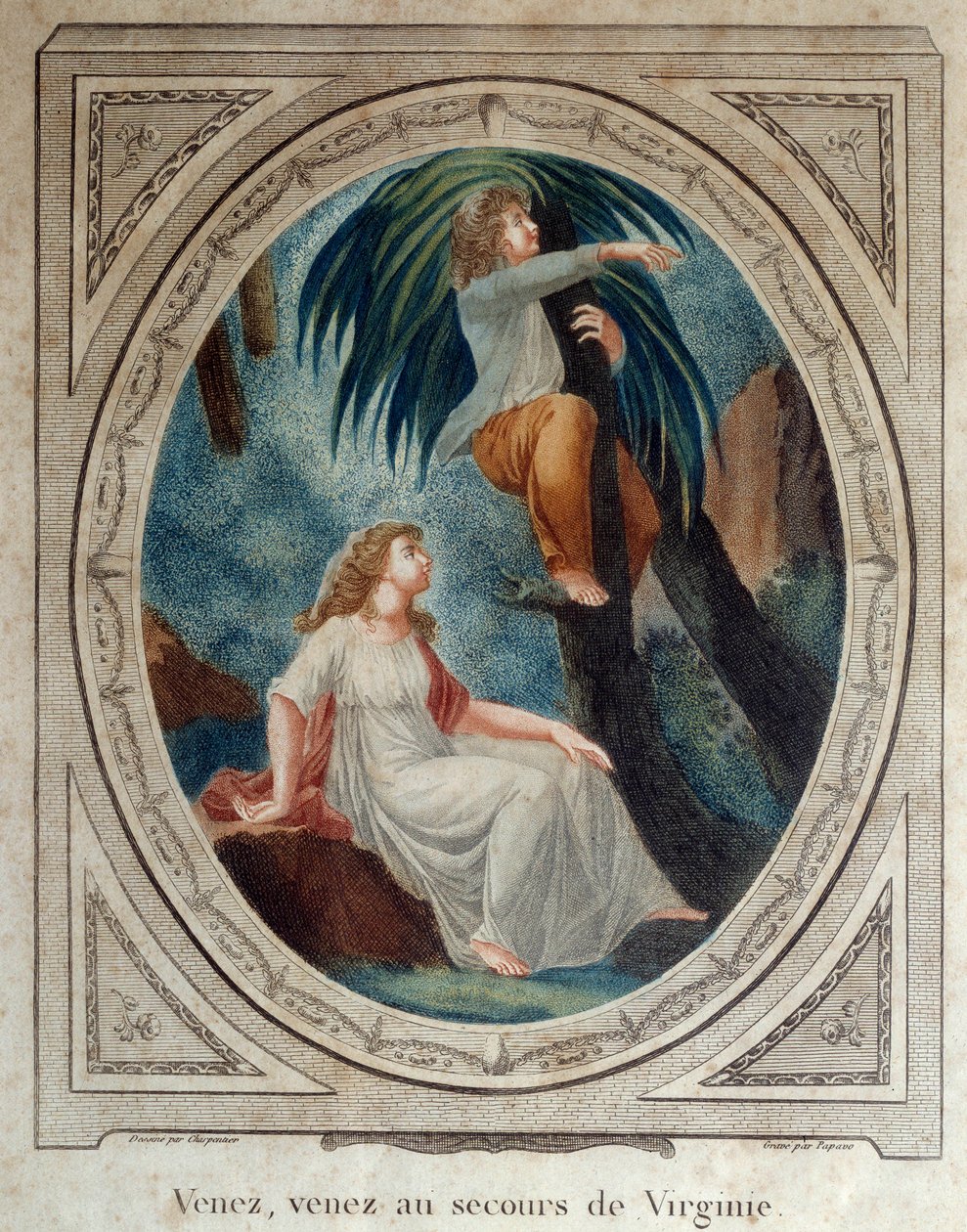 Kom nu, hjælp Virginia. Illustration til romanen "Paul and Virginie" af Bernardin de Saint Pierre (1737-1814). Stik fra 1790. La Rochelle, New World Museum af French School