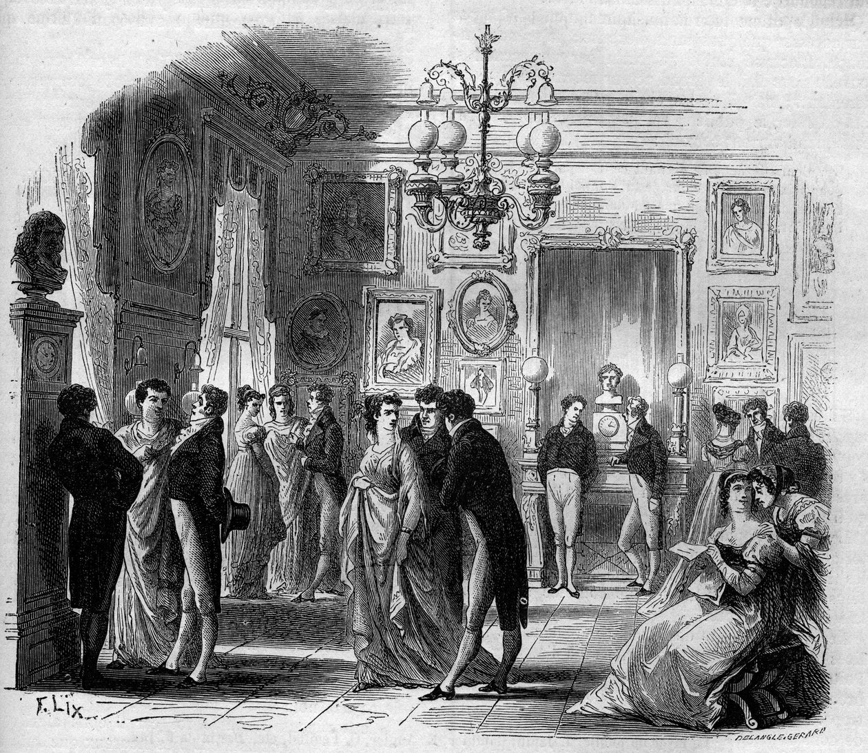 Comedie Francaise: udsigt over kunstnernes foyer med komikerne Francois-Joseph (Francois Joseph) Talma (1763-1826) og Anne Boutet, dit Mademoiselle Mars (1779 - 1847), fransk komiker. Stik fra 1867-1868. af French School