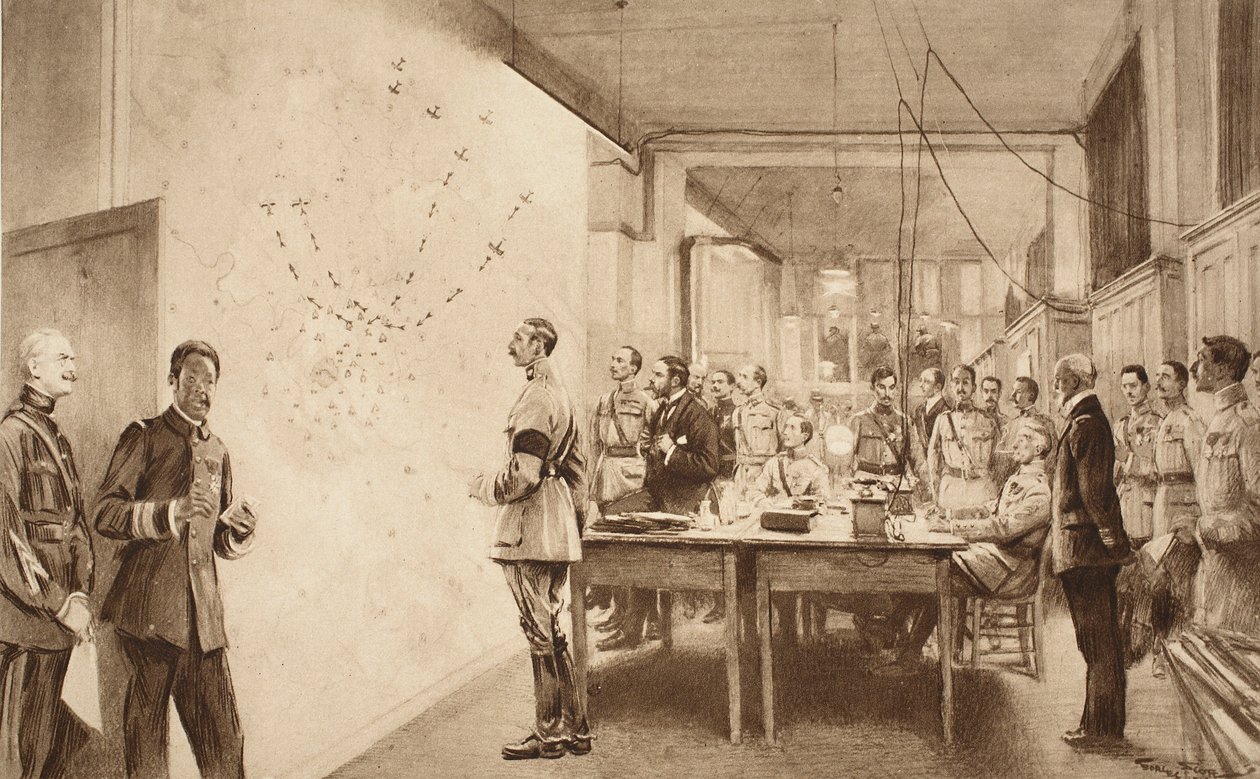 Kommandant og stab i det franske luftfartsministerium, der markerer fremskridtet for et Gotha-angreb på Paris, 1914-19 af French School