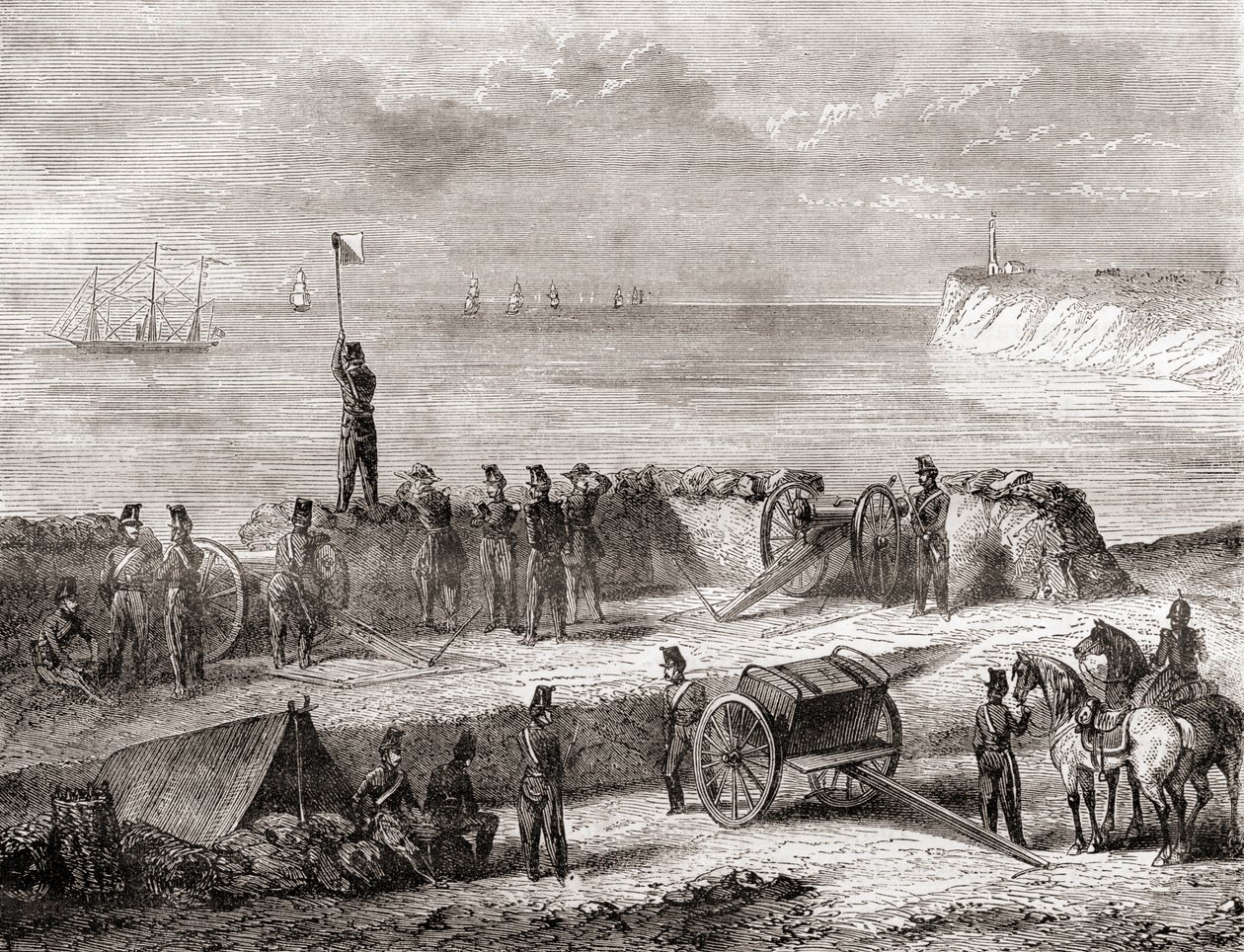 Kommunikation mellem et skib på vej ind i en havn og de landsatte tropper ved hjælp af flagsemafortelegrafi, fra Les Merveilles de la Science, udgivet ca. 1870 (stik) af French School