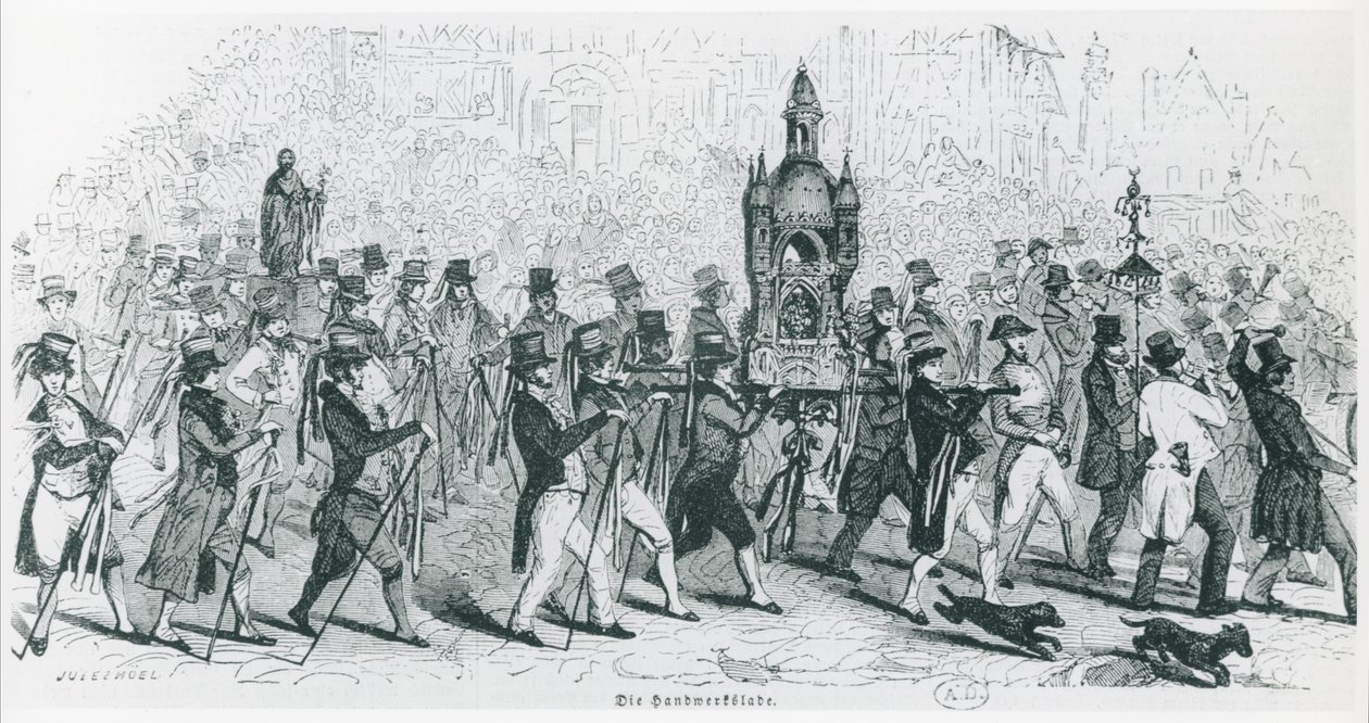 Ledsagere af Tour de France fejrer, ca. 1845 (gravering) (s/h foto) af French School