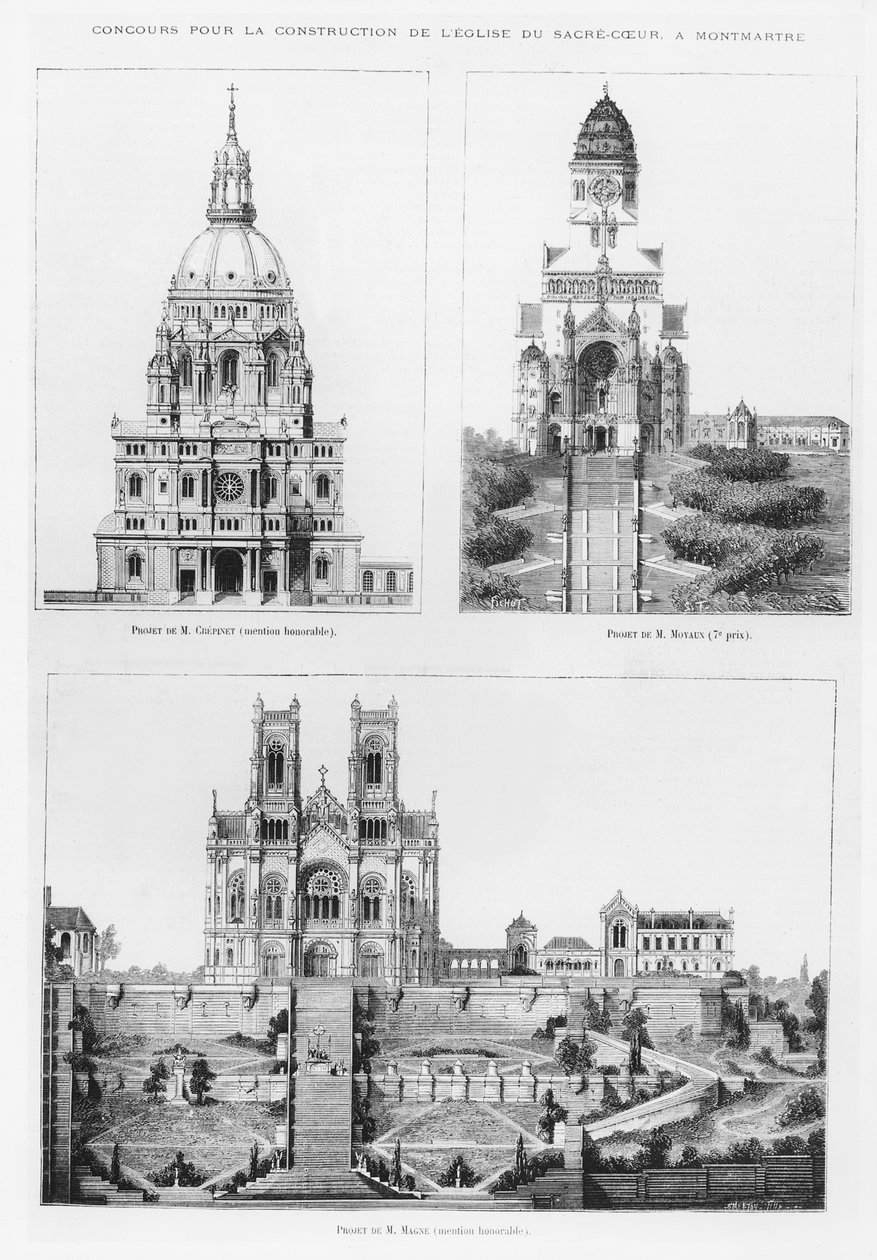 Konkurrence om opførelsen af ​​basilikaen Sacré-Coeur i Montmartre, design af Monsieur Crépinet, Monsieur Moyaux og Monsieur Magne, 1875 af French School