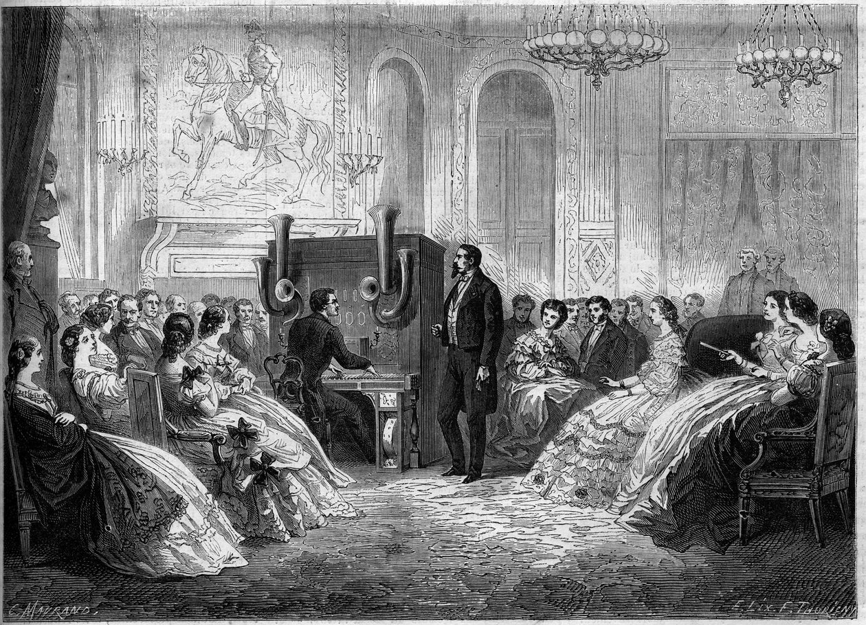 Koncert af "elektromotorisk klaverorkester", af dets opfinder J.B. Schalkenbach, i overværelse af Napoleon III og Impress Eugenie de Montijo. Palais de Saint Cloud af French School