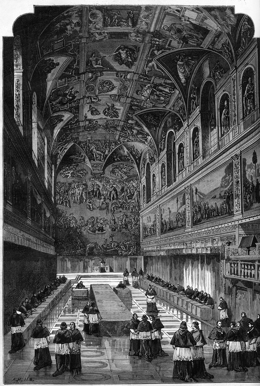 Konklave af 1878: Udsigt over det indre af Det Sixtinske Kapel under afstemningen om at vælge pave Pius IX