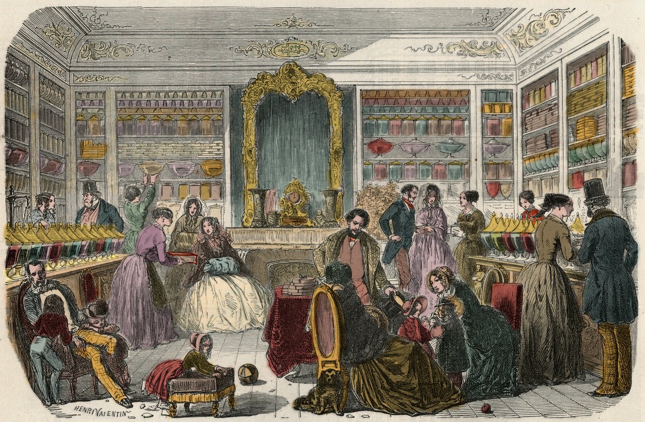 Konfekturebutik i Paris i det 19. århundrede - Indgravering i "Tableau-de-Paris" af Edmond Texier 1852 af French School