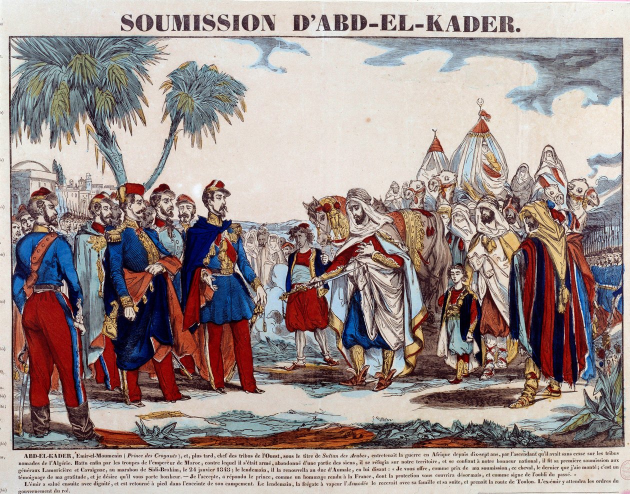 Erobring af Algeriet (1830-1847): underkastelse af Abd el Kader (Abd-el-Kader eller ibn Muhyi al-Din al-Hasani) (1807-1883) til hertugen af Aumale og den franske hær den 24/01 /1848. Indgravering af privatsamlingen i slutningen af det 19. århundrede af French School