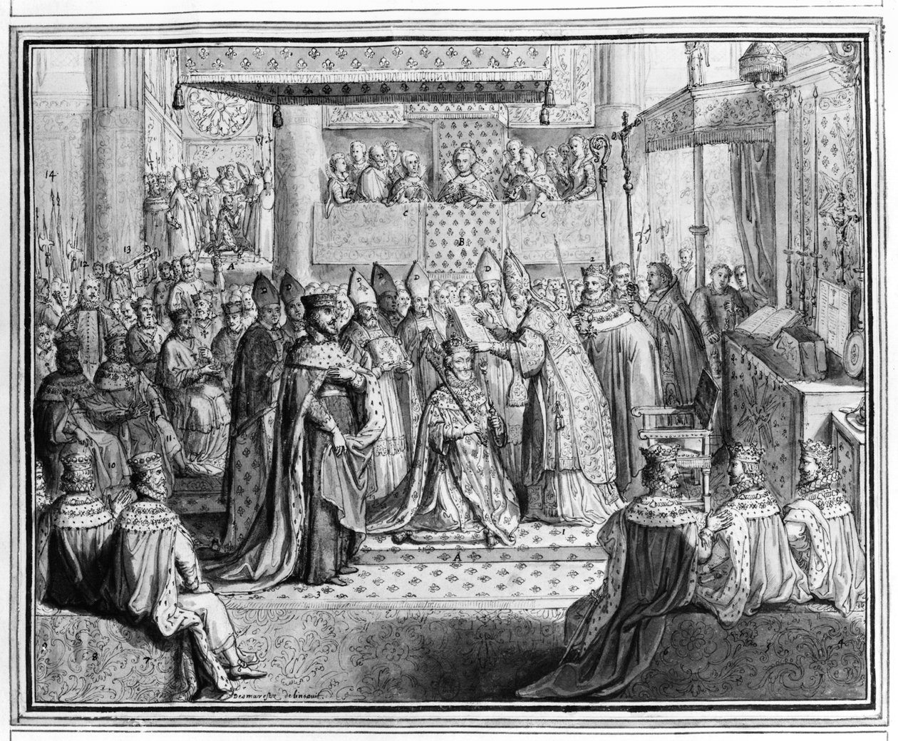 Indvielse og kroning af Henri IV (1553-1610) i Chartres-katedralen den 27. januar 1594, slutningen af det 16. århundrede (detaljer) (se også 207725) af French School