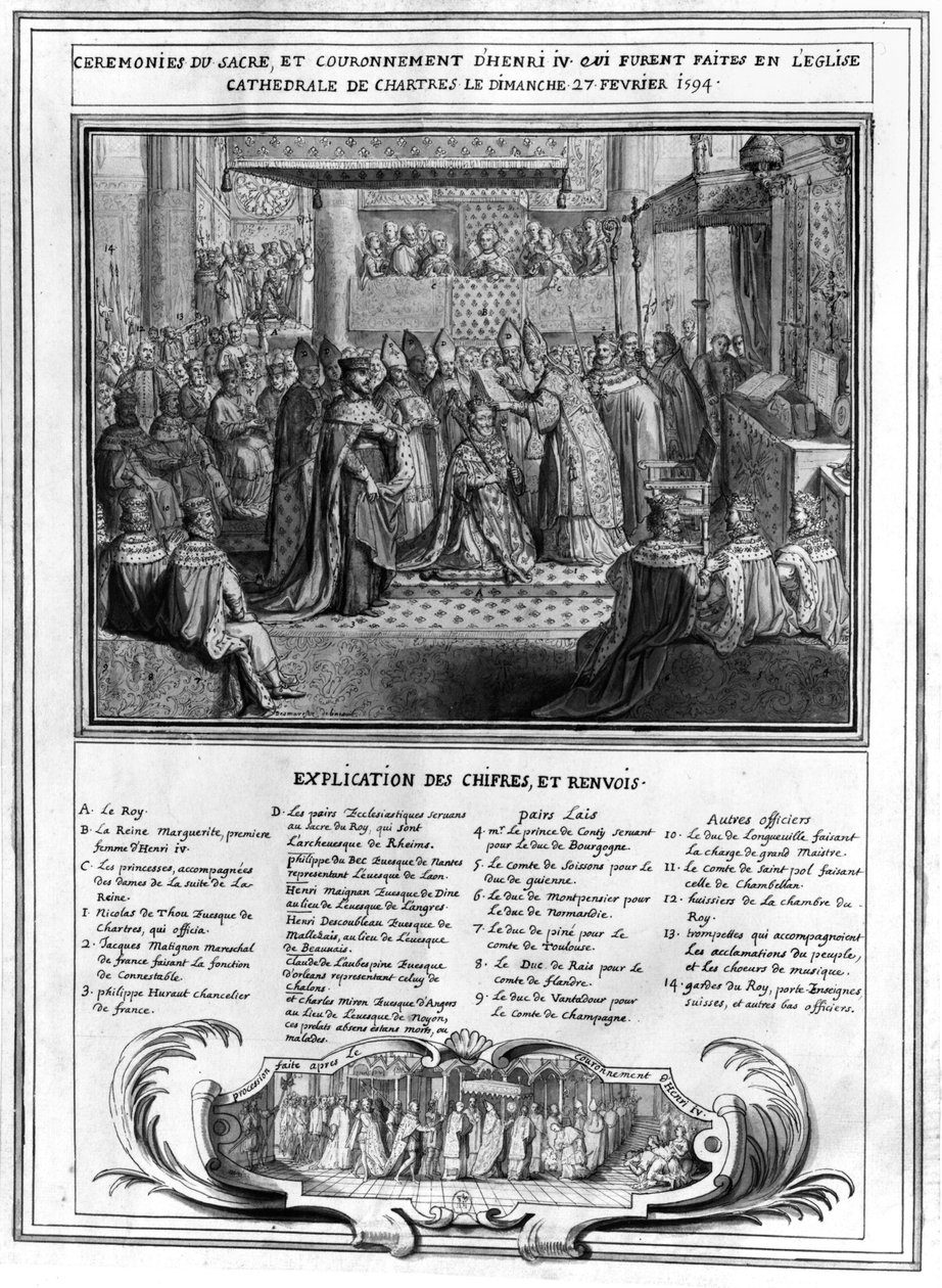 Indvielse og kroning af Henri IV (1553-1610) i Chartres-katedralen den 27. januar 1594, slutningen af det 16. århundrede af French School