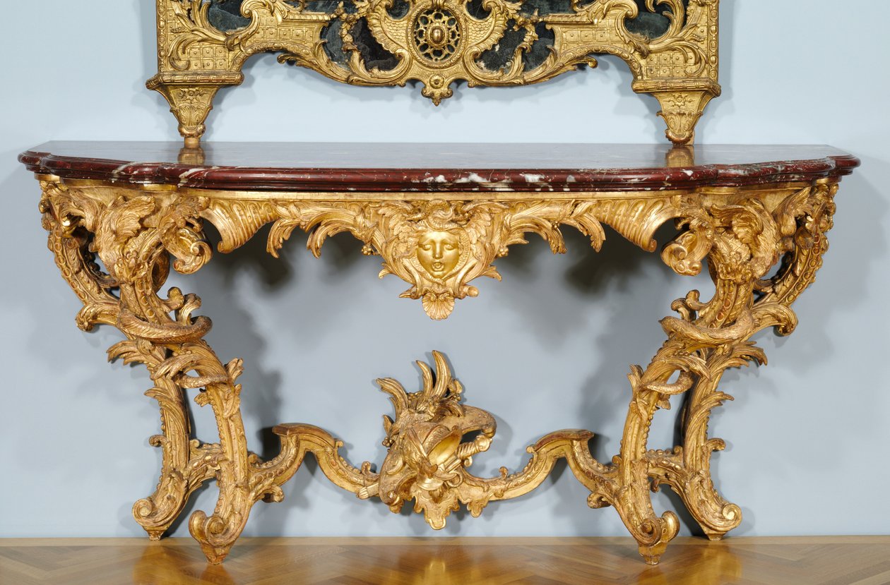 Konsolbord, designet af Jules-Michel Hardouin (1635-1737), lavet af Pierre Turpin og Michel II Lange, ca. 1725 (udskåret forgyldt træ, marmorplade (griotte de campan)) (se også 491455) af French School