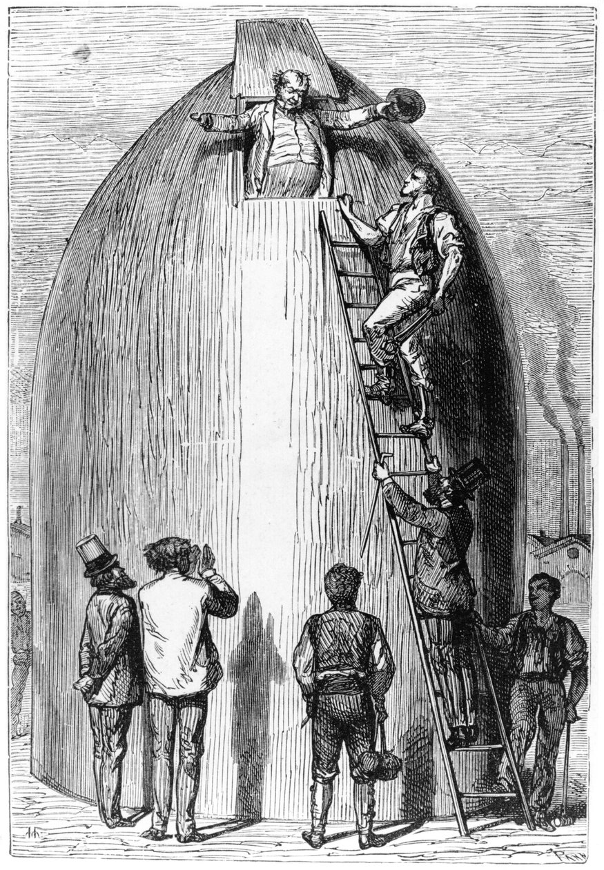 Konstruktion af en raket, illustration fra Fra Jorden til Månen af Jules Verne (1828-1905) Paris, Hetzel, udgivet i 1865 af French School