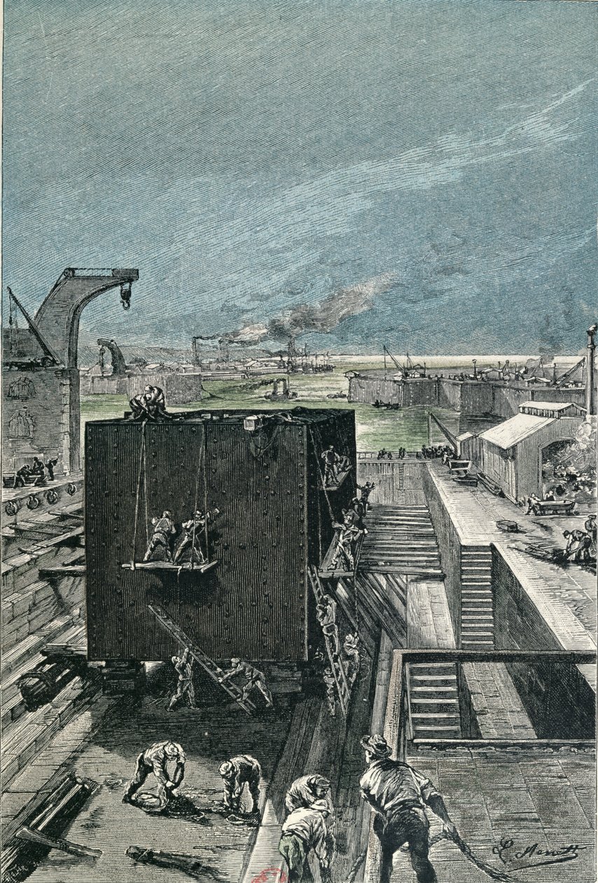 Construction of a Ship, from Ile a Helice af Jules Verne (1828-1905) udgivet i 1865 af French School