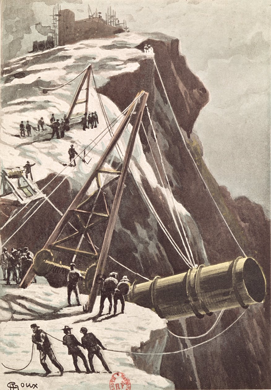 Konstruktion af en raketaffyringskanon, fra Fra Jorden til Månen af Jules Verne (1828-1905) udgivet i 1865 af French School