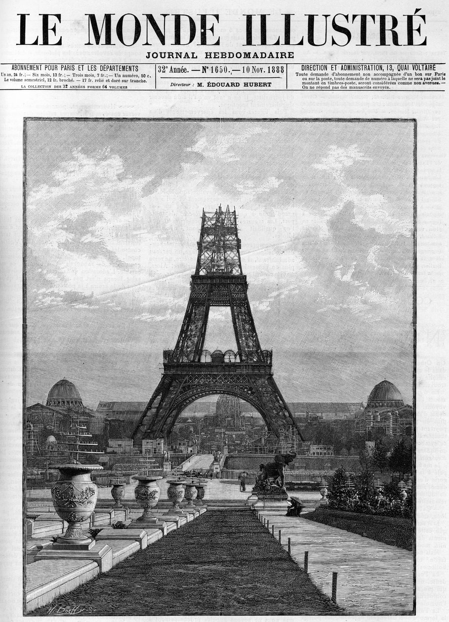 Opførelse af Eiffeltårnet (176 meter) i 1888 i Paris. af French School