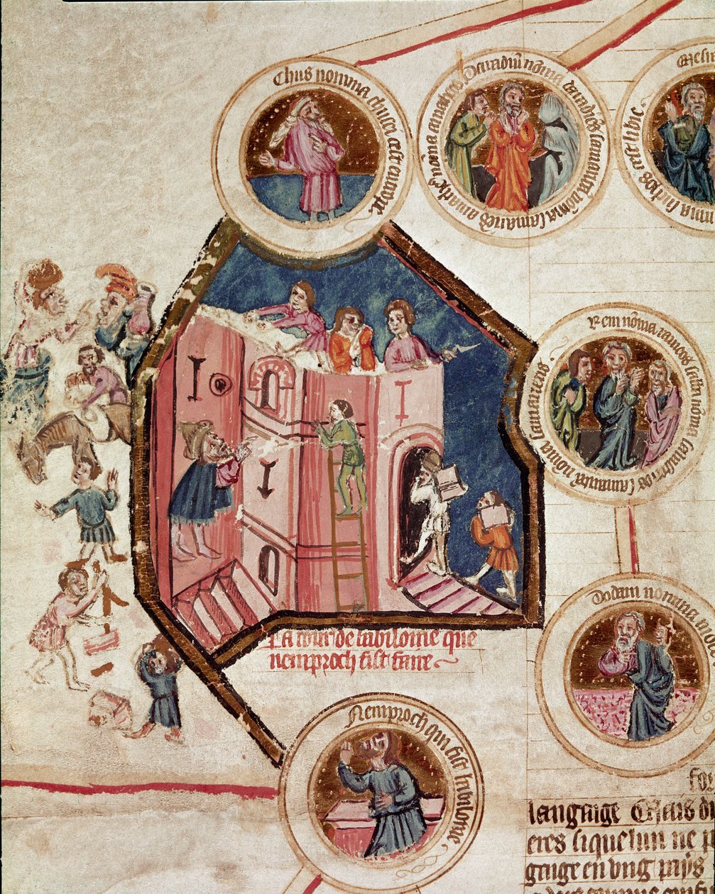 Byggepladsen for Babelstårnet i Babylon Side taget fra manuskriptet "Genealogy de la Bible" fra den franske skole. 14. århundrede Cremone, biblioteca governativa af French School