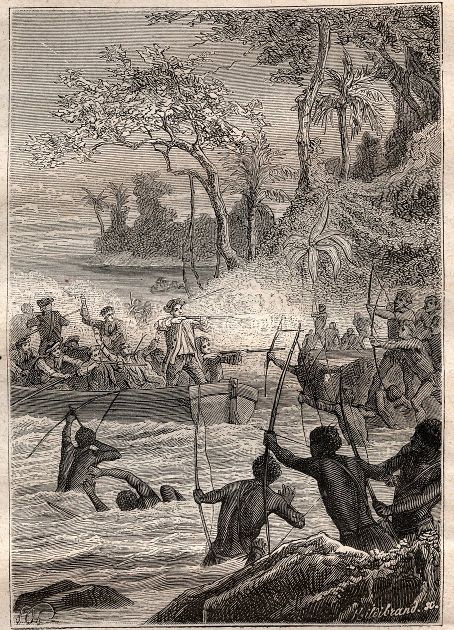 Fortsat med pile: Rejsen af ​​Philip Carteret eller Philippe de Carteret (1733-1796) på øen Santa Cruz, i 1767 - illustration taget fra "The Great Mariners of the 18th af French School