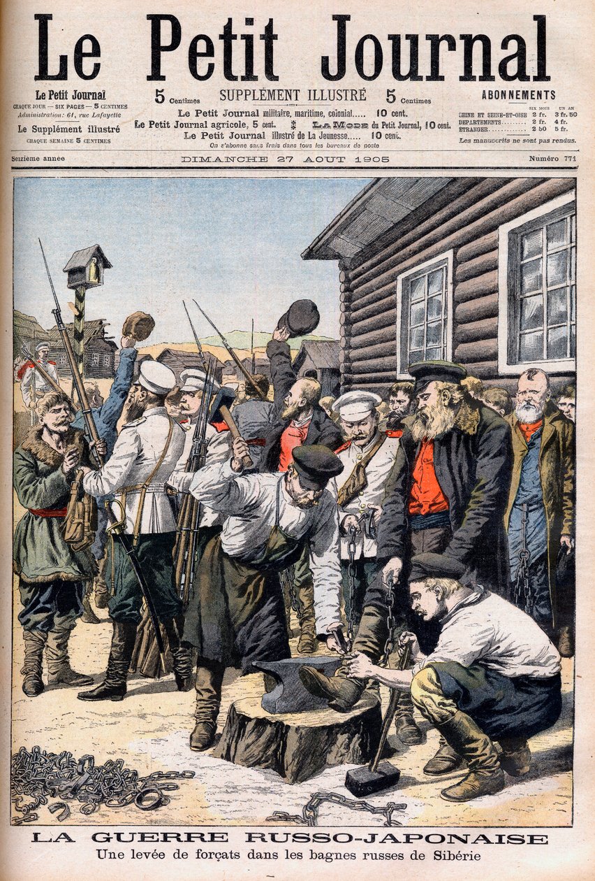 Fanger i Sibirien bliver indkaldt til at kæmpe i den russisk-japanske krig. Russisk-japanske krig. En stigning af forcats i de russiske bagnes i Sibirien. Illustration til Le petit Journal, 27. august 1905. af French School