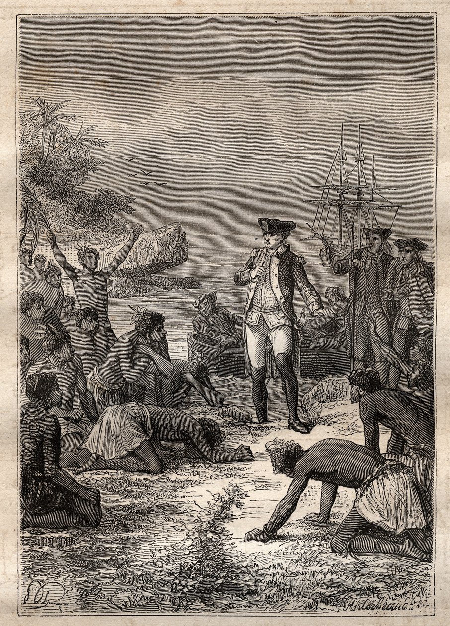 Cooks modtagelse af de indfødte - Tredje rejse af James Cook - Cook velkommen af de indfødte - Tredje rejse af James Cook i Stillehavet - illustration taget fra "The Great Mariners of the 18th century" af Jules Verne af French School