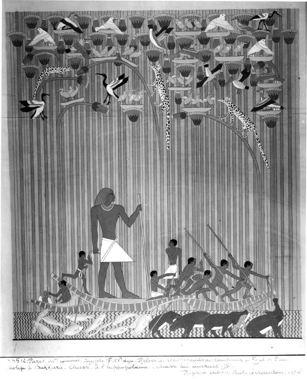 Kopi af et egyptisk malet relief, der forestiller flodhest, der fisker og harpuner, fra graven Ti og Ptah-Hotep i Saqqara, 5. dynasti, Det gamle kongerige af French School