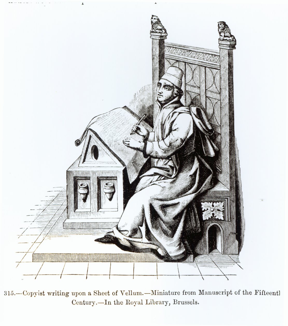 Copyist Writing upon a Sheet of Vellum, fra et manuskript, illustration fra Videnskab og litteratur i middelalderen og renæssancen, skrevet og indgraveret af Paul Lacroix, 1878 (bw p. af French School