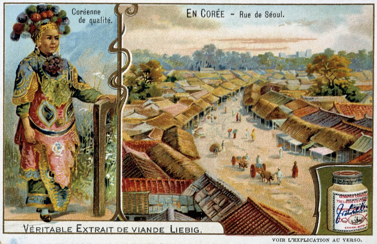 Coree: Seoul Street og kvindekostume - chromo Liébig, v.1900 af French School
