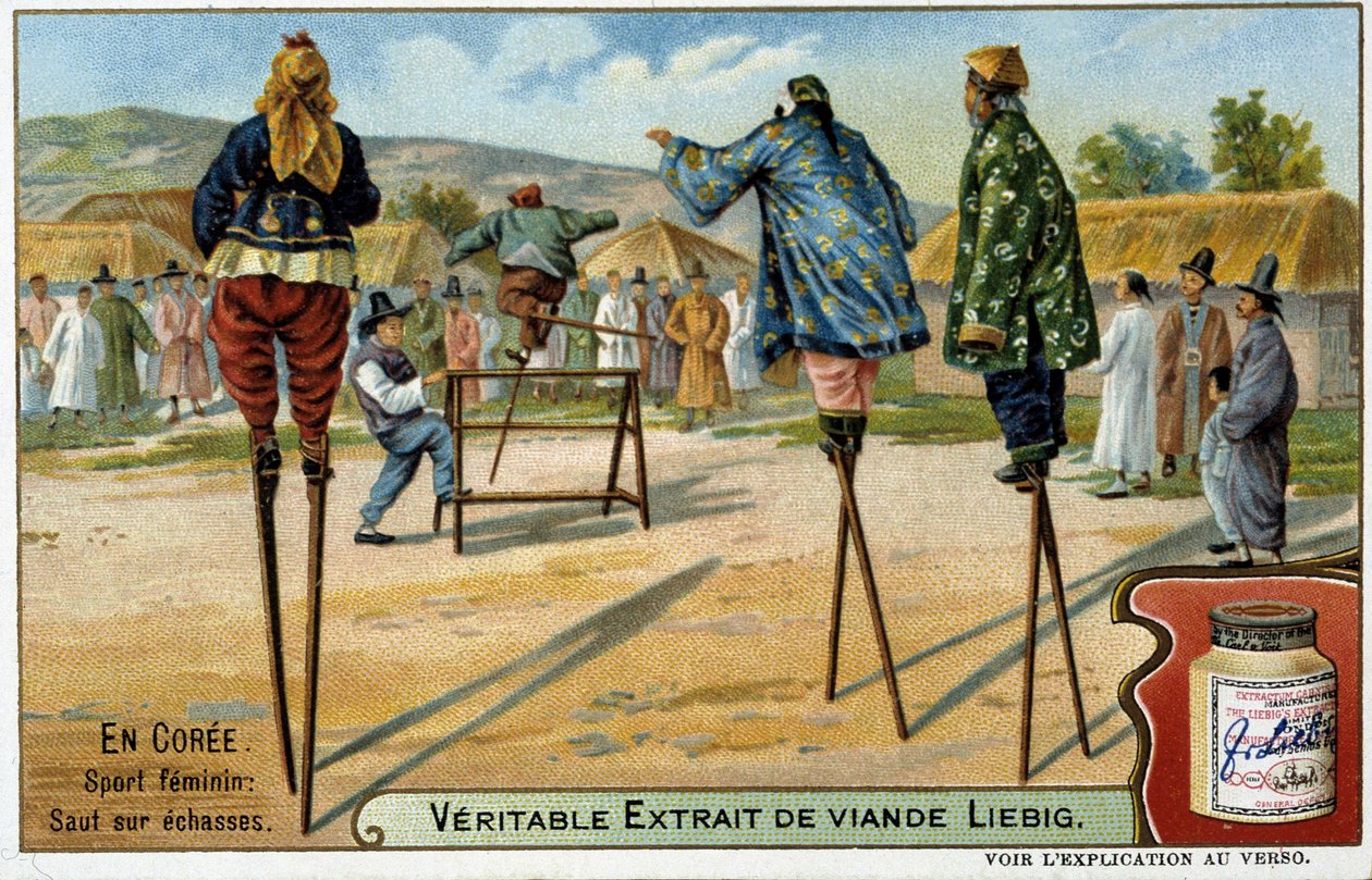 Coree: kvindelig sport at hoppe på stylter - chromo Liébig, v.1900 af French School