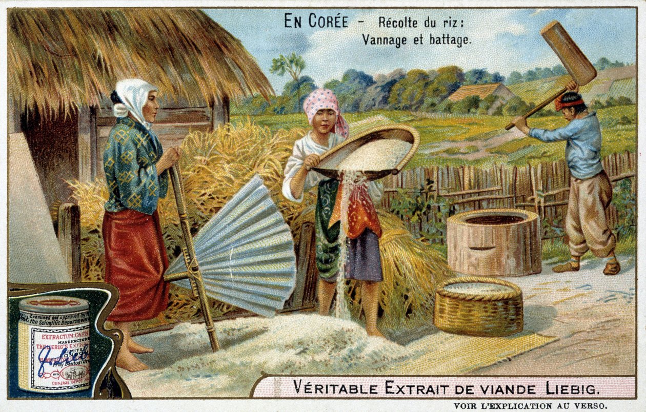 Coree: rishøst, vævning og tærskning - chromo. Liébig, v.1900 af French School