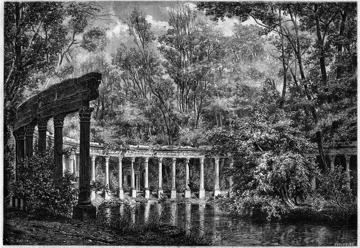 Korinthisk søjlegang omkring det ovale bassin i Parc de Monceau, Paris af French School
