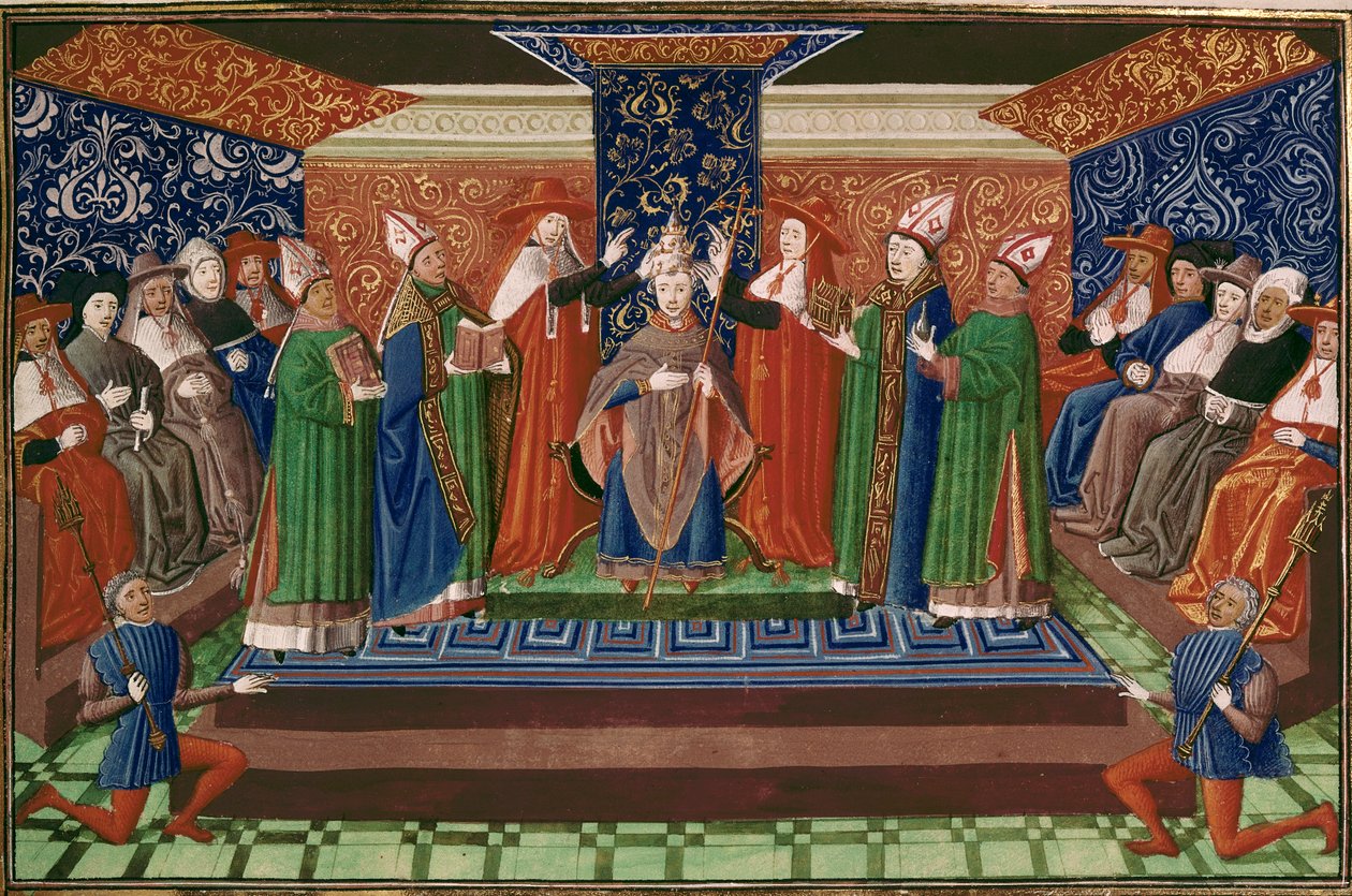 Kroningen af pave Boniface IX, fra Froissarts Chronicle, bind IV (vellum) af French School