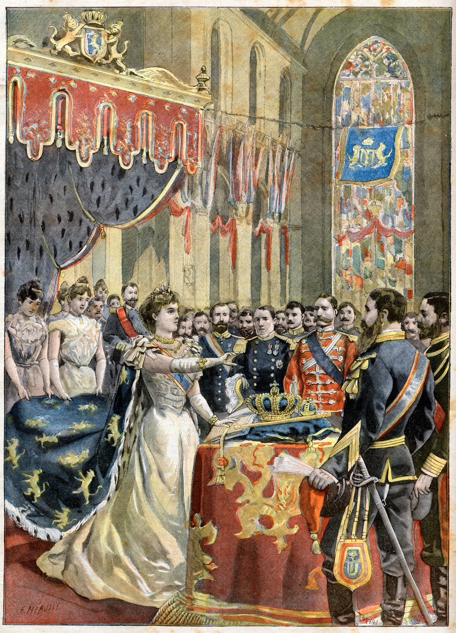 Kroning af dronning Wilhelmina af Holland. Kroning af dronning Wilhelmine af Holland (1880-1962) (Wilhelmina Helena Pauline Maria van Oranje-Nassau) i Nieuwe Kerk i Amsterdam - Illustration til Le petit Journal af French School
