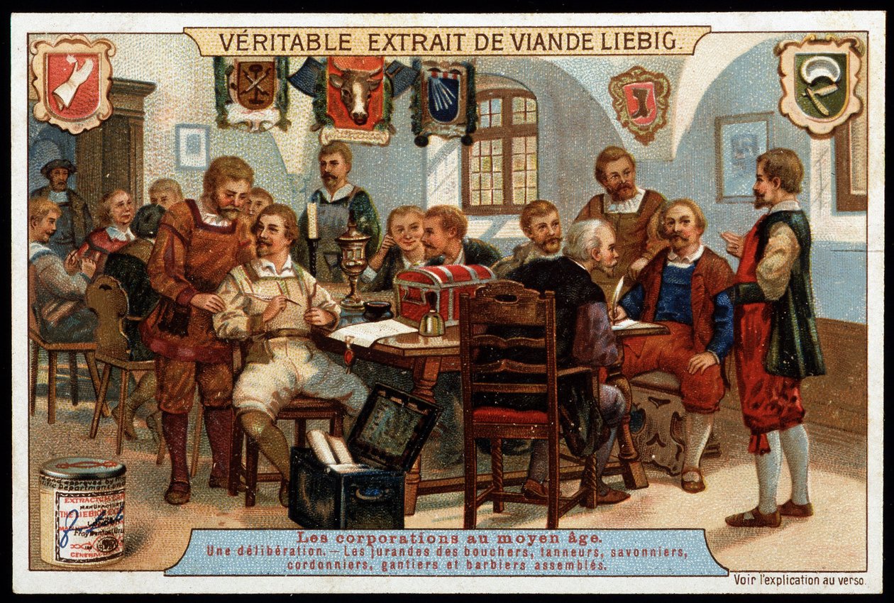 Virksomheder i middelalderen: en overvejelse af jurands af slagtere, garvere, sæbemagere, skomagere, handsker og samlede barberer - reklamevignet Liébig, slutningen af det 19. århundrede af French School