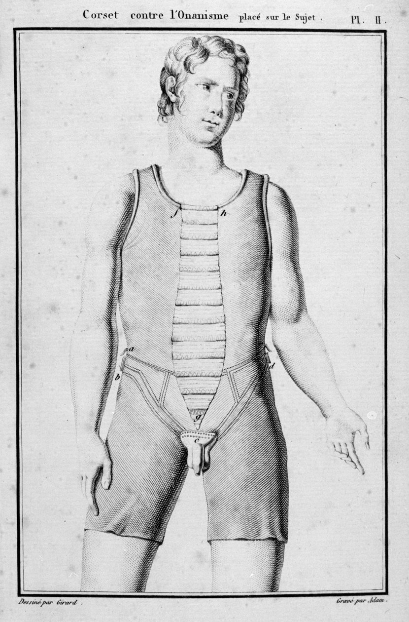 Korset til forebyggelse af onanisme, illustration fra Traite des bandages et appliances af J.B.J. Thillaye, Paris, udgivet 1815 af French School