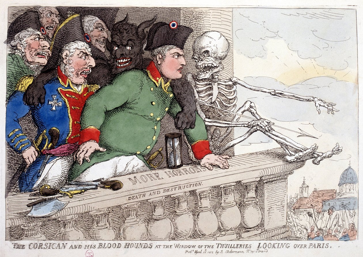 Korsika og dets blodtørstige kigger på Paris gennem Tuileriernes vindue - i "Napoleon I", karikaturer, dummy-samling, ca. 1814-1815. af French School