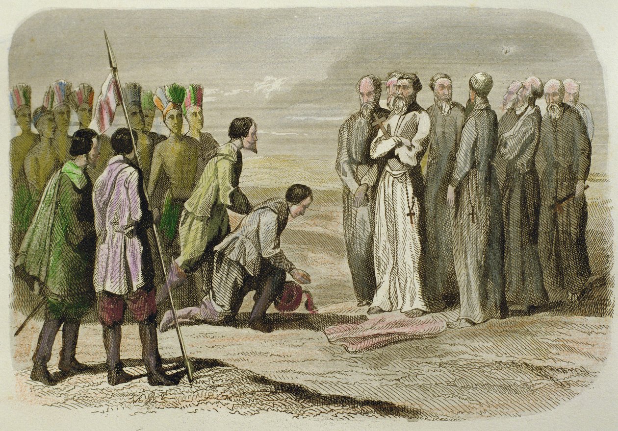Cortes ved fødderne af Martin de Valencia (håndfarvet gravering) af French School