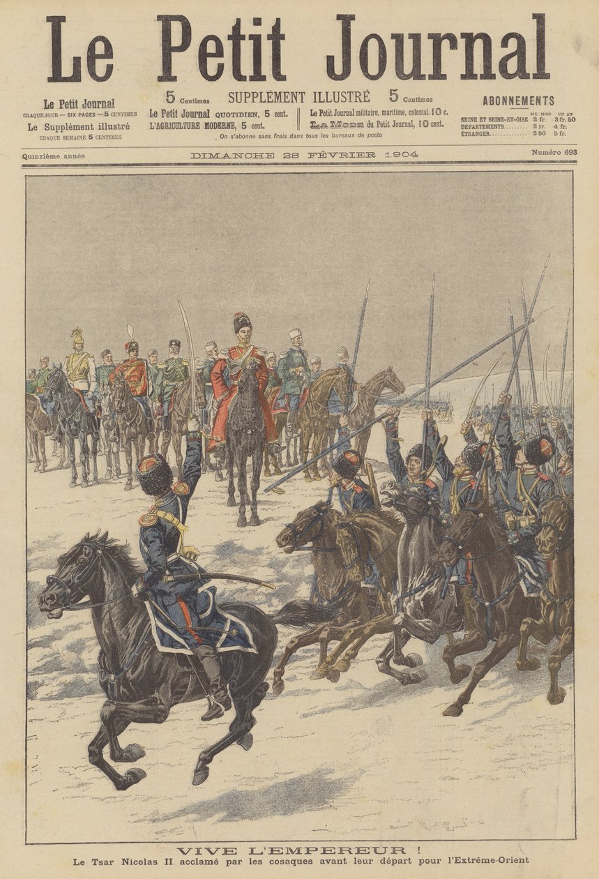 Kosakker hylder zar Nikolaj II, før de rejser til Fjernøsten for at kæmpe mod japanerne (farvelitografi) af French School