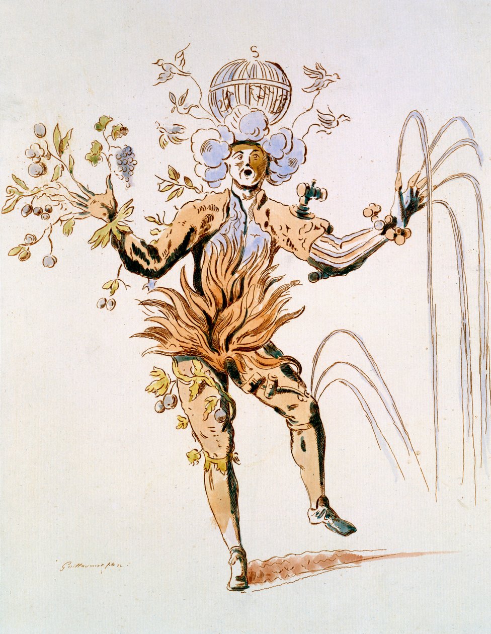 Kostumedesign til de fire elementer i en hoflig ballet fra det 17. århundrede, faksimile lavet af Guillaumot fils (håndfarvet gravering) af French School