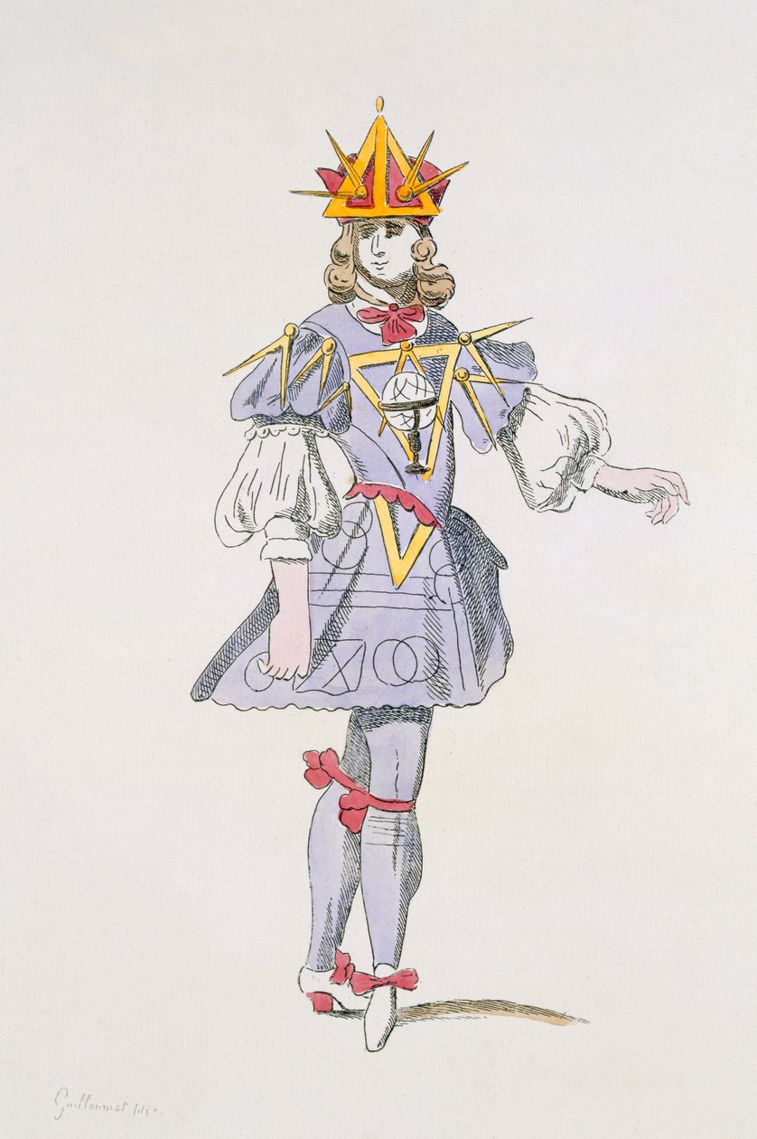 Kostumedesign til geometri i en hoflig ballet fra det 17. århundrede, fra Menus Plaisirs-kollektionen, faksimile af A. Guillaumot Fils (farvegravering) af French School