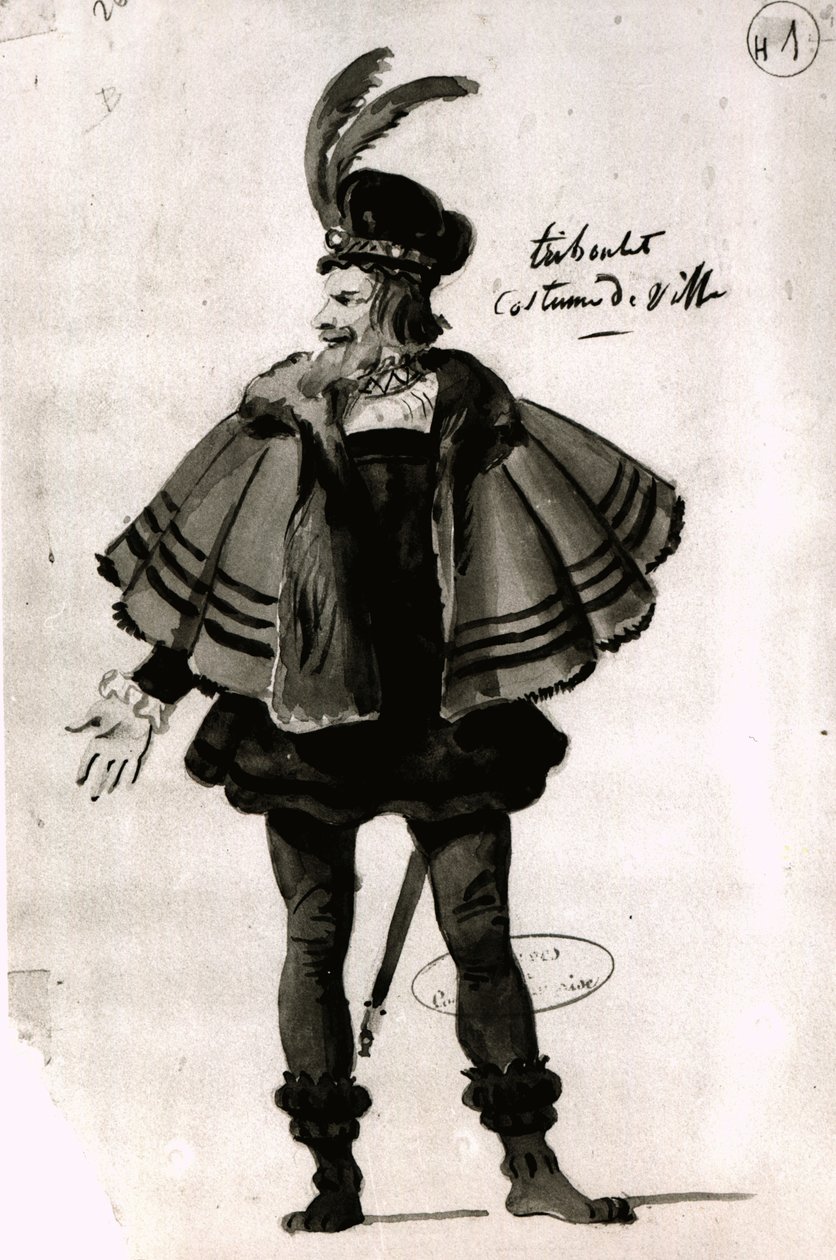 Kostumedesign til Triboulet, i Le Roi samuse (1832) af Victor Hugo (1802-85), 1832 (pen og blæk på papir) af French School